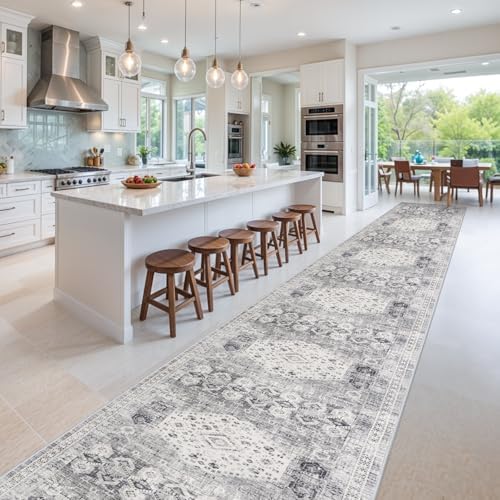 RUUGME 3x20 Washable Runner Rug - Extra Long Vintage Hallway Rugs with Non Slip Backing Soft Stain Resistant Carpet for Kitchen Bedroom Distressed Home Decor Floor Mat for Living Room 3x20 Grey - Image 2