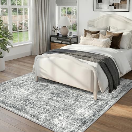 CAPALOCA Square 4ft Washable Nursery Girls Low Pile Area Rug Grey - Image 2