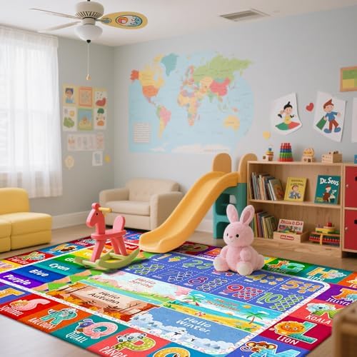 Kids Classroom & Playroom Rug - ABC Alphabet Educational Area Rug with Animals Colors & Numbers - Washable Non-Slip Carpet Playmat for Nursery Preschool & Reading Area 6x9 Feet - Image 6