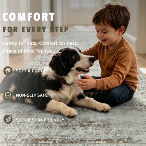 Morebes Washable Hallway Runner Rug 8ft, Brown Distressed Kitchen Runner Rugs Non Slip, Farmhouse Vintage Carpet Runner for Entryway Laundry Bathroom, Soft Bedroom Bedside Rug (2.5x8, Brown) - Image 5