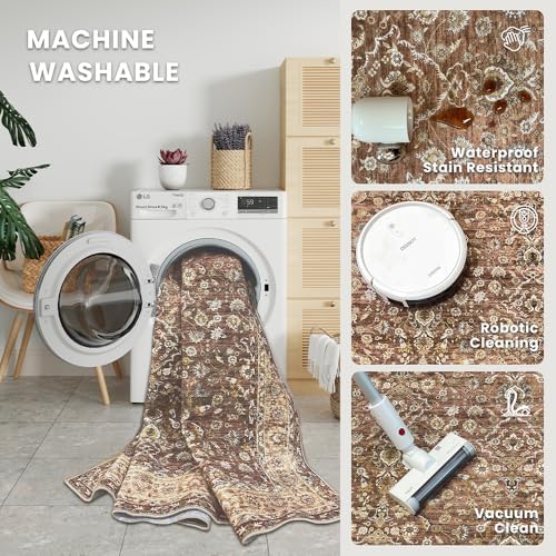 8x10 Reddish Brown Washable Area Rug for Living Room, Vintage Print - Image 5