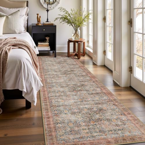 2x10 Hallway Runner Rug, Washable Vintage Retro Long Runner Rugs for Kitchen Laundry, Soft Ultra Thin Non Slip Low Pile Traditional Distressed Boho Carpet for Bedroom Bathroom, Rust Clay - Image 4