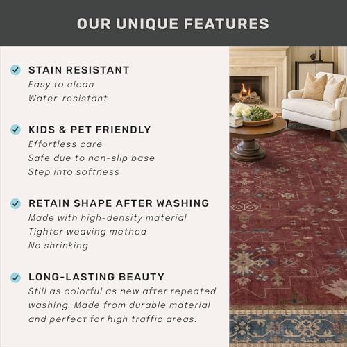 Hazo Haus Burgundy Washable 3x20 Extra Long Hallway Runner Rug, Neutral Boho Large Kitchen Floor Rug Indoor, Non-Slip Stain & Fade Resistant, Vintage Bohemian Red Floral Décor - Image 6