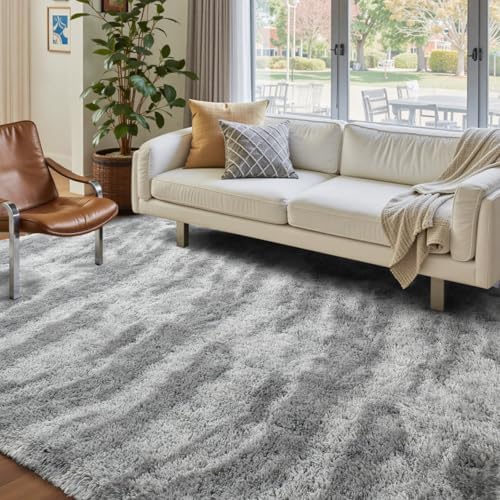 4x6 Non-Slip Fluffy Area Rugs For Living Room (Tie-dye Striped Grey) by FinRe%CC%80cHome