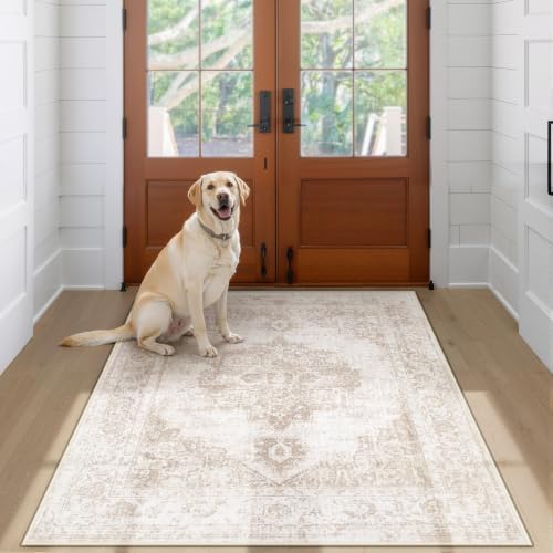 Area Rug 3x5 Vintage Rug: Washable Indoor Medallion Rug Low Pile Distressed Floor Carpet Retro Accent Doormat for Bedroom Bathroom Hallway Kitchen Home Office(Beige, 3'x5') by ZomfyRugs