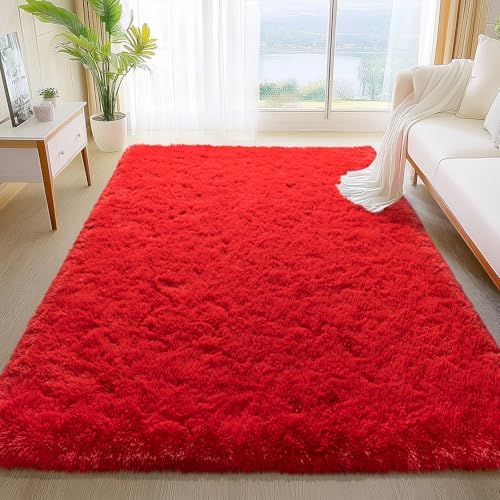 4x6 Red Fluffy Rug for Bedroom Living Room, Washable Non-Slip - Image 4