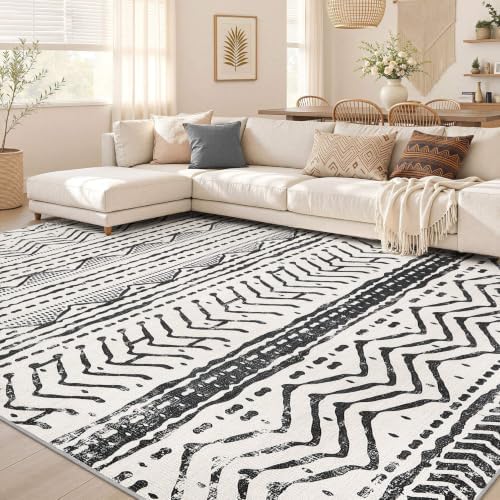 Nakagishi Black Rug for Living Room: 7x9 Washable Boho Large Neutral Soft Farmhouse Area Rugs Stain Resistant Modern Geometric Non-Slip Indoor Floor Carpet for Bedroom Playroom Office Dining Room by NakagishiAreaRug
