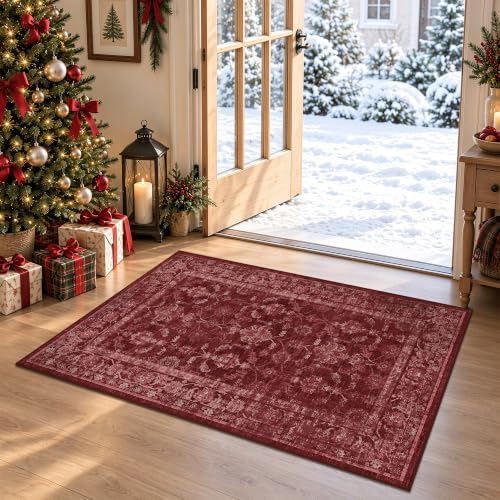 Washable 2x3 Christmas Office Area Rug Non-Slip Xmas Red Throw Carpet by HOME