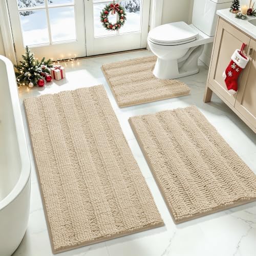 ACCUMTEK Striped Beige Bathroom Rug Set 3 Pieces Ultra Soft, Non Slip Chenille Toilet Mat, Absorbent Plush Shaggy Bath Mats for Bathroom, Bedroom, Kitchen by ACCUMTEK