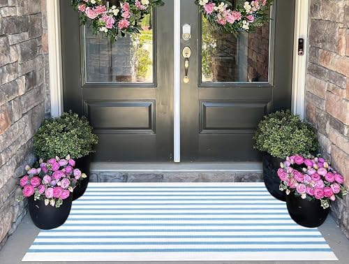 Light Blue White Outdoor Rug 2'x4.3',Striped Front Porch Rug Machine Washable Front Door Mat Entryway Throw Rug for Front Porch Indoor Outdoor Doormat - Image 5
