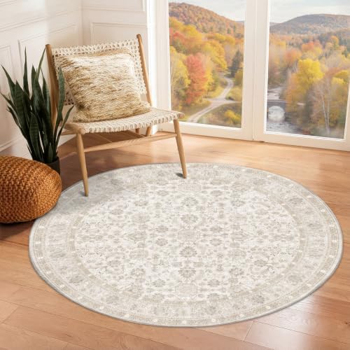 OPPODREAM Vintage Light Yellow Area Rugs 4' Round, Rug for Living Room by OPPODREAM