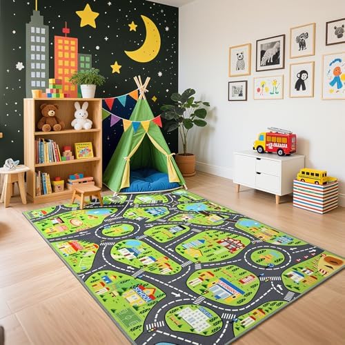 BENRON Kids Car Play Rugs 4x6, Educational City Road Play Mat for Toy Cars by BBENRON