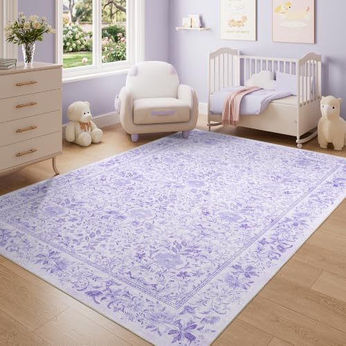 DUKINO 5x7 Area Rugs, Vintage Floral Washable Rug for Living Room, Purple - Image 3