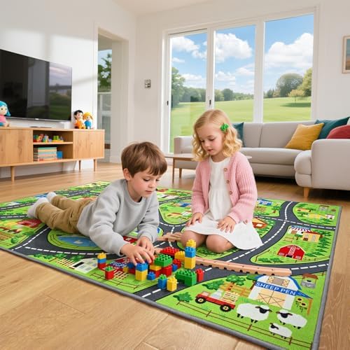 BENRON Farmyard Car Play Rug 4x6 for palyroom, Educational PlayMat for Kids - Image 4