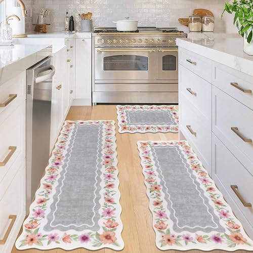 Vaukki Boho Kitchen Rug Sets of 3,Flower Grey Washable Kitchen Floor Mat by Vaukki