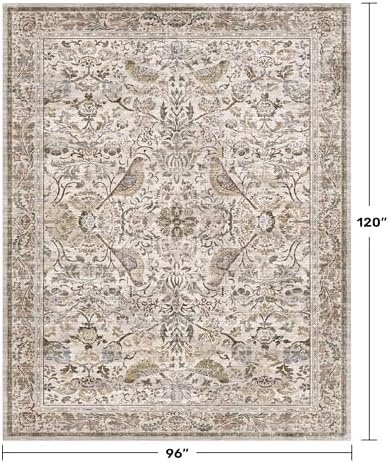 Vintage Moss Green 8x10 Washable Area Rugs for Living Room - Soft Floral Rug for Bedroom, Dining Room, Light Brown Taupe Low Pile Stain Resistant Bird Floral Bird Carpet - Image 2