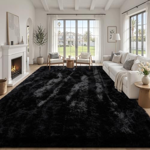 TENGTENGLINK 9x12 Fluffy Shag Area Rug Living Room Bedroom Washable Black by TENGTENGLINK