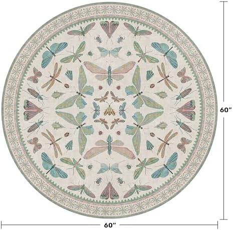 Insect Light Green 5ft Round Area Rug for Living Room - Washable Floral Fun Kids Rugs for Bedroom, Playroom, Boho & Butterfly Design - Low Pile Soft Circle Carpet - Image 2