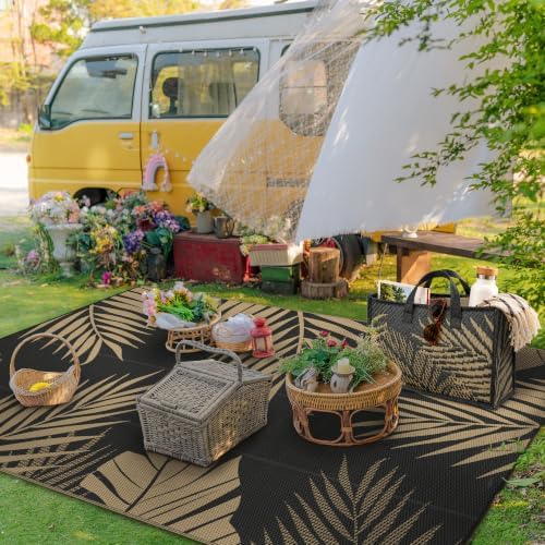 GENIMO Outdoor Rug 6' x 9' Waterproof for Patios Clearance, Reversible Plastic Straw Camping Carpet with Rectangle Storage Bag, Large Area Rugs and Mats for RVs,Garden, Beach, Black&Brown - Image 4
