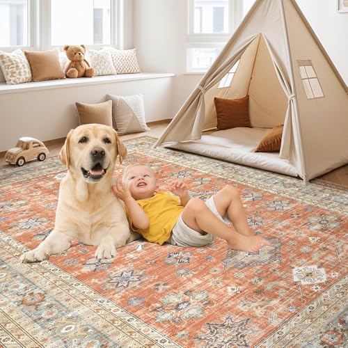 cotiled 8x10 Area Rug for Living Room, Washable, Traditional, Orange - Image 4