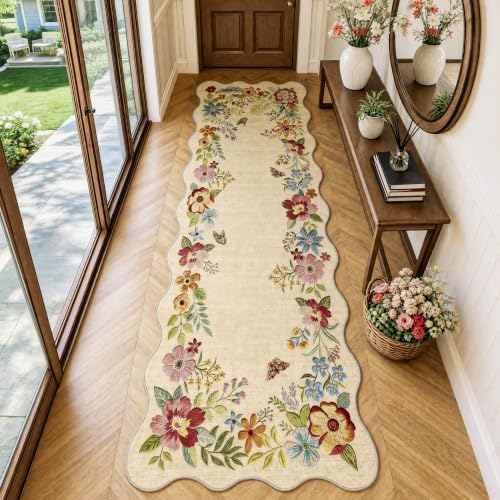 FMFUNCTEX 3x8 Hallway Runner Rug Washable Beige Floral Vintage Scalloped by Fmfunctex