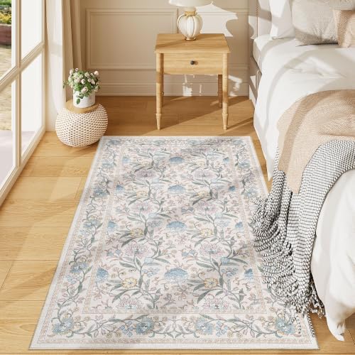 DUKINO 3x5 Rug Washable Vintage Floral Bedroom Area Rug Non Slip Cream Blue by DUKINO