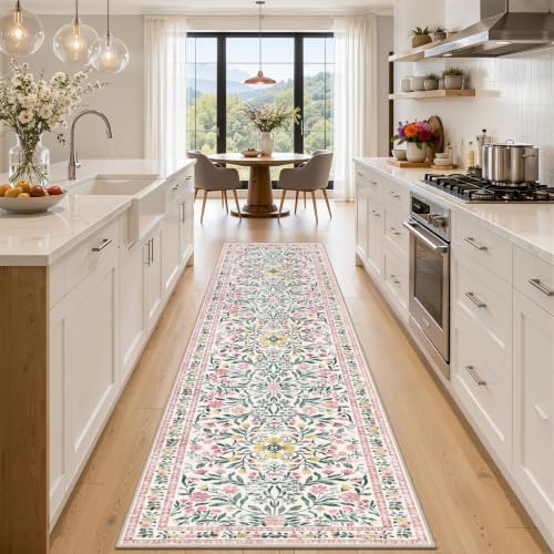 PLHXFR 2x5 Washable Runner Rug：Floral Indoor Kitchen Carpet Pink Green by PLHXFRSoftAreaRugs