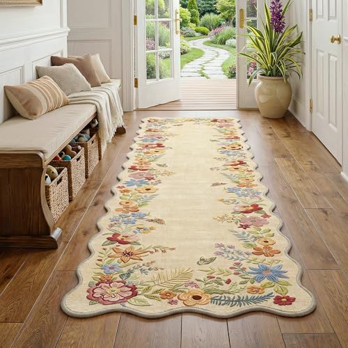 FMFUNCTEX 2x8 Hallway Runner Rug Washable Beige Floral Vintage Scalloped by Fmfunctex