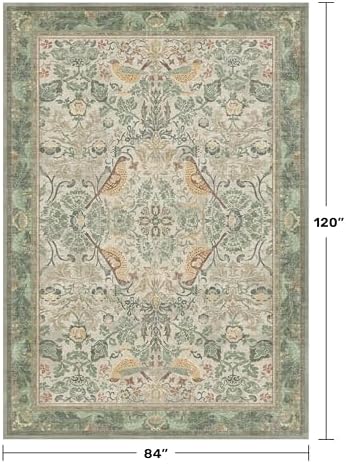 Hazo Haus Washable Living Room Rug 7x10 - Sage Floral Rugs for Bedroom, Vintage Bird Patterned Dining Room Kitchen Table Rug for Under Table, Stain Resistant Non-Slip - Image 2