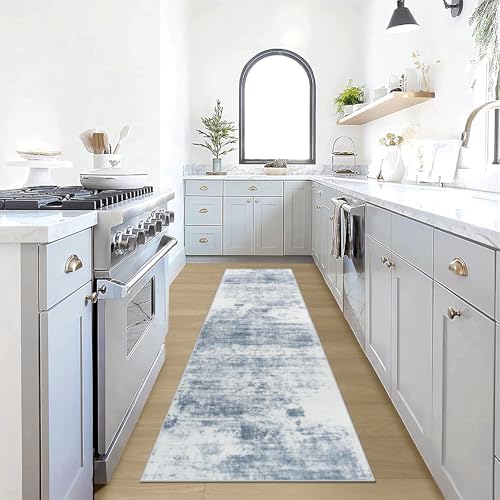 2'6''x8' Runner Rugs Washable Rug:Modern Abstract Hallway Blue White Carpet by GENTDRIZZ