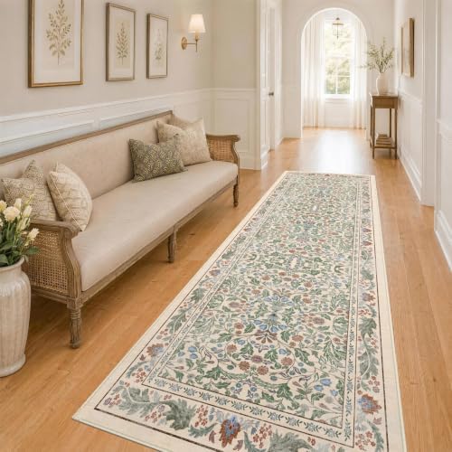 2.6x8 Runner Rug for Hallway, Washable Kitchen Runner Non Slip, Soft Low Pile Entryway Carpet, Vintage Floral Stain Resistant Long Laundry Room Rugs for Bedroom, Stairs, Beige by NEIGELUO