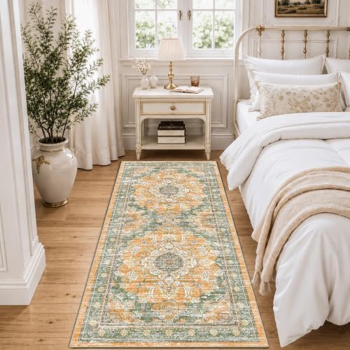 2x6 Boho Washable Runner Area Rugs, Non Slip Foldable Carpets, Green Orange - Image 3