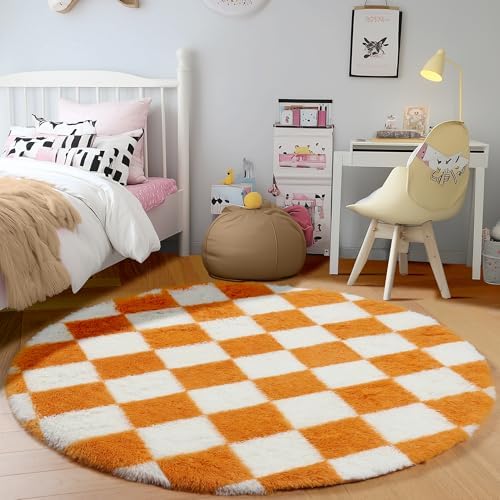 KICMOR Round Rug 4ft Orange and Cream White Circle Area Rug, Fluffy Soft Fuzzy Shag Shaggy Bedroom Living Room Carpet, Indoor Checkered Circular Rug for Kids Boys Girls Home Decor Aesthetic, Nursery - Image 3