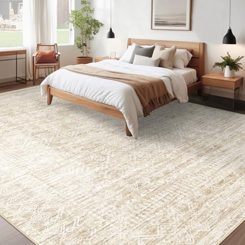 Living Room Rugs 10x14: Washable Moroccan Geometric Boho Rug Farmhouse Non Slip Stain Resistant Large Rug Low Pile Soft Carpet for Bedroom Dining Room Kids Room (Beige,10x14) - Image 2