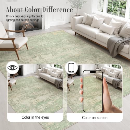 Area Rug Living Room: 8x8 Modern Washable Soft Carpet Green Cream - Image 6