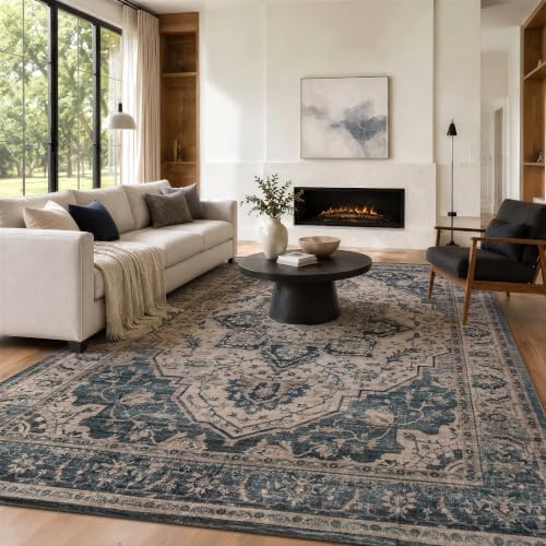 Rugshop Vintage Medallion Machine Washable Non-Slip Area Rug, 6'6"x9' Blue by Rugshop