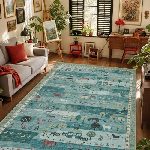 Machine Washable Area Rug 5x7, Soft Whimsical Rug, Vintage Farmhouse Green - Image 3