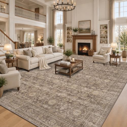 JOOJA 10x12 Neutral Tan Vintage Moody Non Slip Washable Boho Retro Area Rug - Image 2