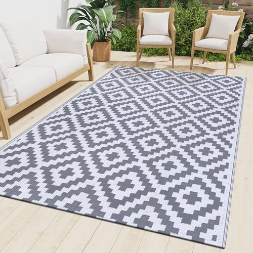 Smiry Outdoor Rug 9x18 ft Waterproof Reversible Boho Mat, White & Grey by Smiry