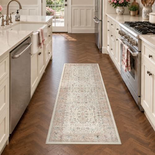 2x5 Washable Kitchen Runner Rug Non-Slip Vintage Pink Throw Carpet by HOME