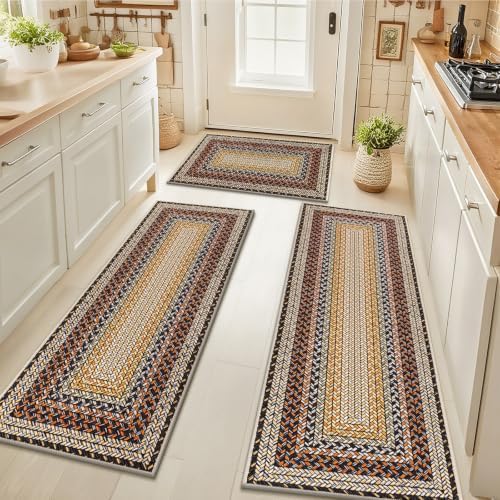 HEBE Faux Jute Kitchen Rugs Set of 3, Washable Kitchen Mats for Floor by HEBE