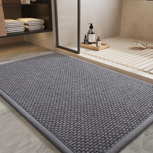 PADOOR-Bath Mat-Super Absorbent Chenille Bathroom Mats-Rubber Backed Bath Mats for Bathroom Non Slip, Easy Clean Bathroom Rugs Front of Bathtub,Shower Room,Sink-20×32, Grey&Darkgrey by PADOOR