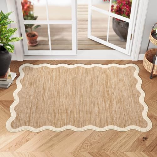 GarveeHome Scalloped Washable Rug 2x3 Kitchen Rugs Non Slip, Light Brown - Image 2