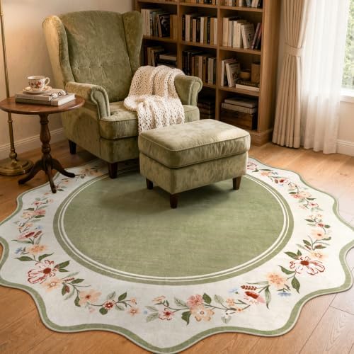 Lahome Round Dining Room Rug 6ft, Green Floral Area Rug - Image 4