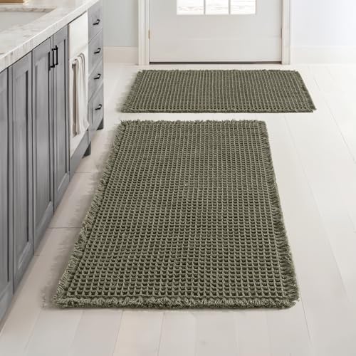 MIULEE Set of 2 Waffle Bathroom Rugs Boho Bath Mat Green 17"x24"+20"x32" by MIULEE
