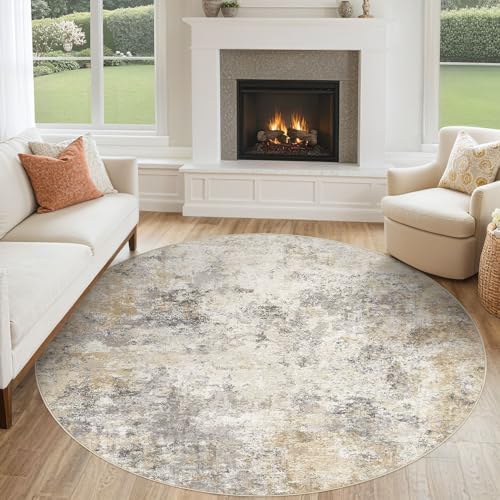 UERMEI 6ft Round Area Rug Living Room Rugs - 6x6 Washable Neutral Modern Abstract Soft Thin Rug Indoor Floor No Slip Rug Carpet for Bedroom Under Dining Table Home Office Decor - Golden Grey by UERMEI