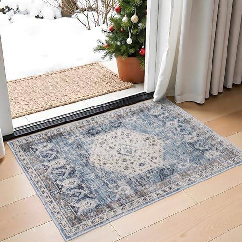 Washable Living Room Area Rug - 2x3 Small Bedroom Rugs Vintage Rustic Style Carpets with Non Slip Backing Distressed Floor Mat for Dining Room Kitchen Bathroom (Aqua Blue, 2'x3') by RUUGME