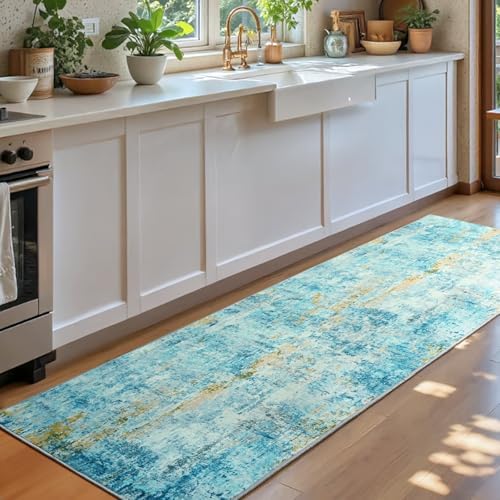 2x6 Teal Blue Rug Runners for Hallways Kitchen Runner Rug Non Slip Washable Long Runner Rugs with Rubber Backing Soft Abstract Carpet Runner for Bedroom, Kitchen, Bathroom, Entryway - Image 3