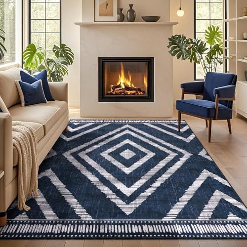 Boho Washable Rugs 5x7ft for Living Room, Navy Blue Thin Bedroom Area Rugs Non Slip, Moroccan Soft Kids Nusery Area Floor Carpets for Dining Room Playroom Kitchen Home Office Decor by Geanlod