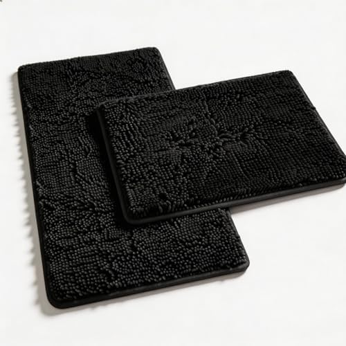 RUN HELIX Bathroom Rugs Set 2 Piece Thick Chenille Bath Mats, Soft Quick Dry Plush Absorbent Bath Rugs with Non-Slip PVC Backing, 32x20+24x16 Inch Black by RUNHELIX